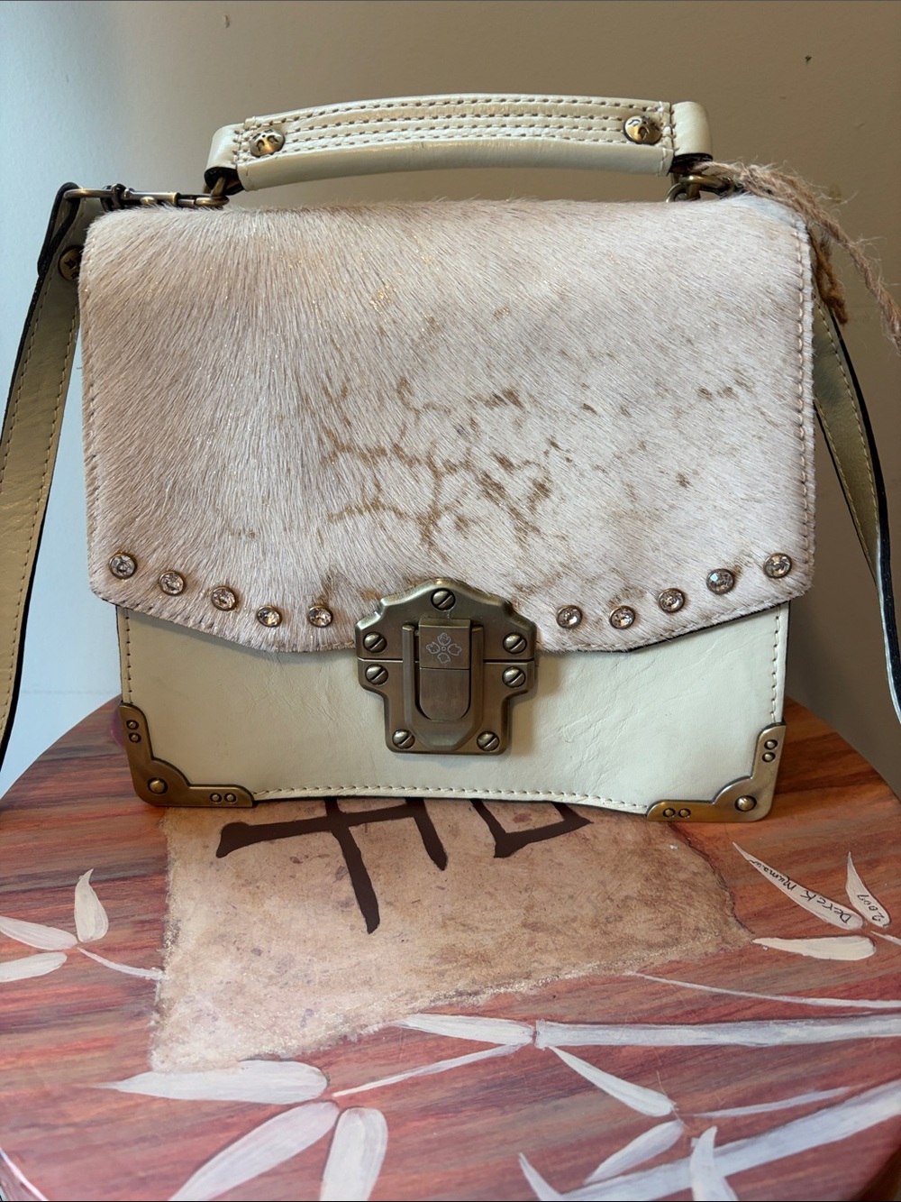 Patricia Nash Cream & White Haircalf Top-Handle Satchel
